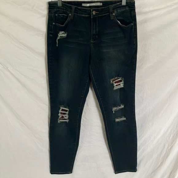 Tractr: Stretchy Skinny Jeans with red flannel covered holes- 30 - Picture 1 of 16